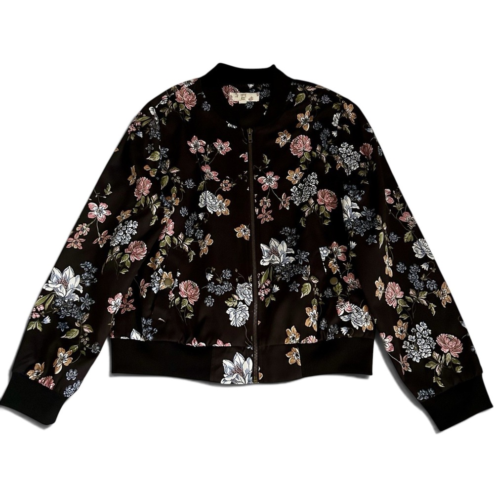 Hippie Rose Floral Bomber Jacket L Black Satin Whimsigoth Boho Chic Streetwear